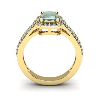 1 1/3 Carat Green Amethyst and Halo Diamond Ring In 14 Karat Yellow Gold