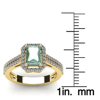 1 1/3 Carat Green Amethyst and Halo Diamond Ring In 14 Karat Yellow Gold