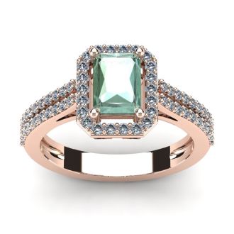 1 1/3 Carat Green Amethyst and Halo Diamond Ring In 14 Karat Rose Gold