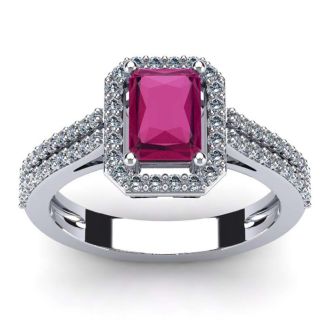 1 1/2 Carat Ruby and Halo Diamond Ring In 14 Karat White Gold
