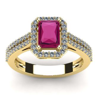 1 1/2 Carat Ruby and Halo Diamond Ring In 14 Karat Yellow Gold