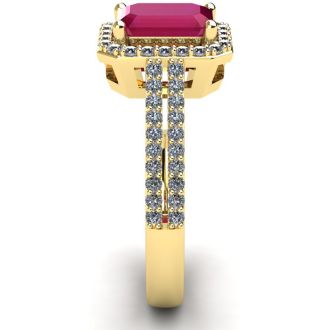 1 1/2 Carat Ruby and Halo Diamond Ring In 14 Karat Yellow Gold