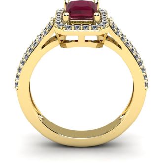 1 1/2 Carat Ruby and Halo Diamond Ring In 14 Karat Yellow Gold