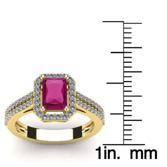 1 1/2 Carat Ruby and Halo Diamond Ring In 14 Karat Yellow Gold