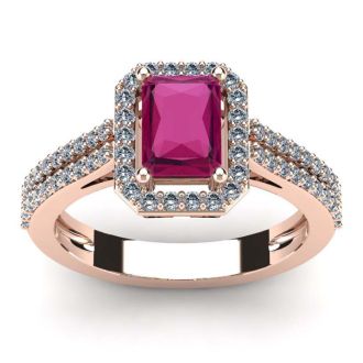 1 1/2 Carat Ruby and Halo Diamond Ring In 14 Karat Rose Gold