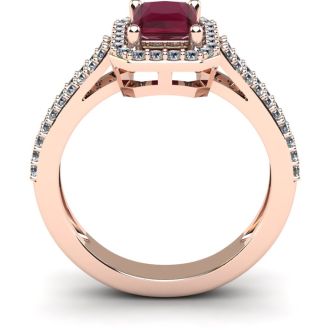 1 1/2 Carat Ruby and Halo Diamond Ring In 14 Karat Rose Gold