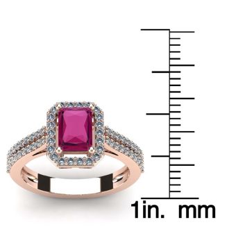 1 1/2 Carat Ruby and Halo Diamond Ring In 14 Karat Rose Gold