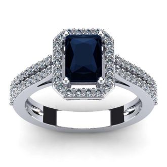 1 1/2 Carat Sapphire and Halo Diamond Ring In 14 Karat White Gold
