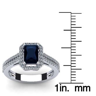 1 1/2 Carat Sapphire and Halo Diamond Ring In 14 Karat White Gold