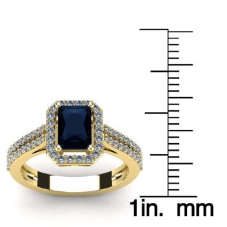 1 1/2 Carat Sapphire and Halo Diamond Ring In 14 Karat Yellow Gold