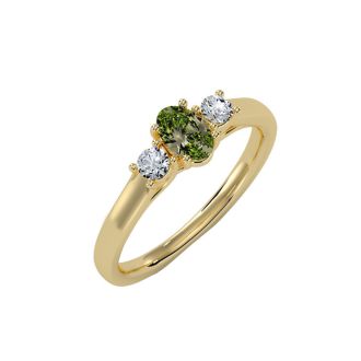 3/4 Carat Oval Shape Peridot and Two Diamond Ring In 14 Karat Yellow Gold