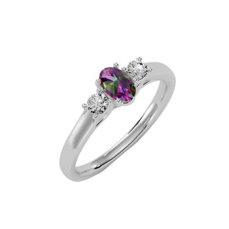 3/4 Carat Oval Shape Mystic Topaz and Two Diamond Ring In 14 Karat White Gold