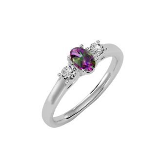 3/4 Carat Oval Shape Mystic Topaz Ring With Two Diamonds In 14 Karat White Gold