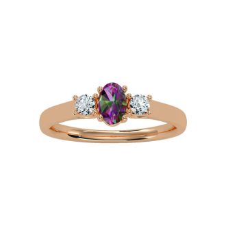 3/4 Carat Oval Shape Mystic Topaz Ring With Two Diamonds In 14 Karat Rose Gold