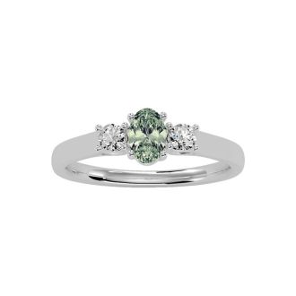 1/2 Carat Oval Shape Green Amethyst and Two Diamond Ring In 14 Karat White Gold