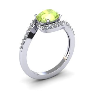 1 1/2 Carat Oval Shape Peridot and Halo Diamond Ring In 14 Karat White Gold