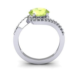 1 1/2 Carat Oval Shape Peridot and Halo Diamond Ring In 14 Karat White Gold
