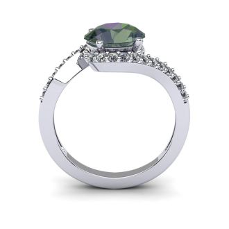 1-3/4 Carat Oval Shape Mystic Topaz Ring With Swirling Diamond Design In 14 Karat White Gold