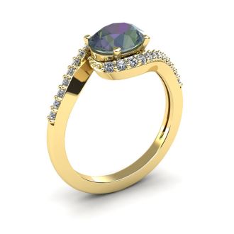 1-3/4 Carat Oval Shape Mystic Topaz Ring With Swirling Diamond Design In 14 Karat Yellow Gold