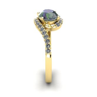 1-3/4 Carat Oval Shape Mystic Topaz Ring With Swirling Diamond Design In 14 Karat Yellow Gold