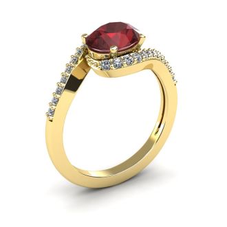 Garnet Ring: Garnet Jewelry: 1 3/4 Carat Oval Shape Garnet and Halo Diamond Ring In 14 Karat Yellow Gold