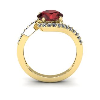 Garnet Ring: Garnet Jewelry: 1 3/4 Carat Oval Shape Garnet and Halo Diamond Ring In 14 Karat Yellow Gold