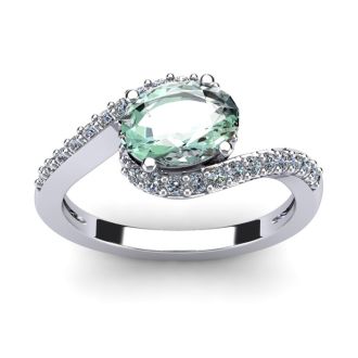 1 1/3 Carat Oval Shape Green Amethyst and Halo Diamond Ring In 14 Karat White Gold