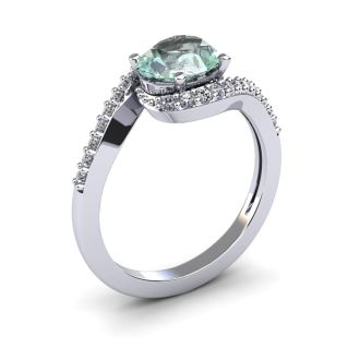 1 1/3 Carat Oval Shape Green Amethyst and Halo Diamond Ring In 14 Karat White Gold