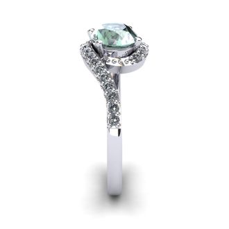 1 1/3 Carat Oval Shape Green Amethyst and Halo Diamond Ring In 14 Karat White Gold