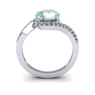 1 1/3 Carat Oval Shape Green Amethyst and Halo Diamond Ring In 14 Karat White Gold
