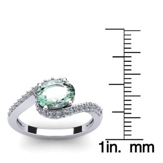 1 1/3 Carat Oval Shape Green Amethyst and Halo Diamond Ring In 14 Karat White Gold