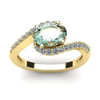 1 1/3 Carat Oval Shape Green Amethyst and Halo Diamond Ring In 14 Karat Yellow Gold