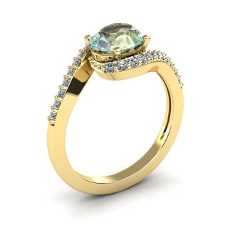 1 1/3 Carat Oval Shape Green Amethyst and Halo Diamond Ring In 14 Karat Yellow Gold