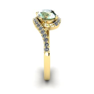 1 1/3 Carat Oval Shape Green Amethyst and Halo Diamond Ring In 14 Karat Yellow Gold