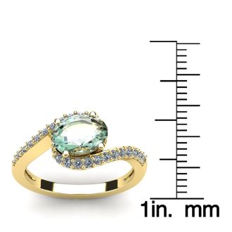 1 1/3 Carat Oval Shape Green Amethyst and Halo Diamond Ring In 14 Karat Yellow Gold