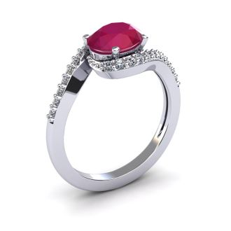 1 3/4 Carat Oval Shape Ruby and Halo Diamond Ring In 14 Karat White Gold
