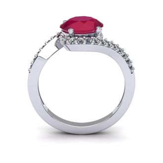 1 3/4 Carat Oval Shape Ruby and Halo Diamond Ring In 14 Karat White Gold