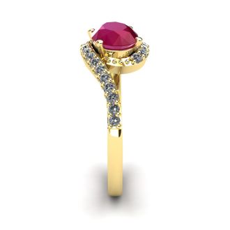 1 3/4 Carat Oval Shape Ruby and Halo Diamond Ring In 14 Karat Yellow Gold