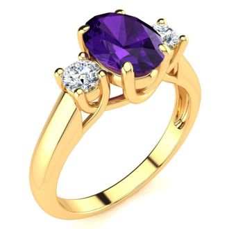 1 1/4 Carat Oval Shape Amethyst and Two Diamond Ring In 14 Karat Yellow Gold