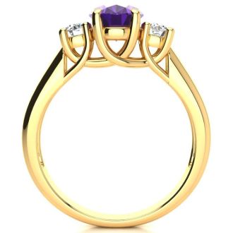 1 1/4 Carat Oval Shape Amethyst and Two Diamond Ring In 14 Karat Yellow Gold