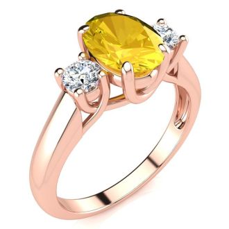 1 1/4 Carat Oval Shape Citrine and Two Diamond Ring In 14 Karat Rose Gold