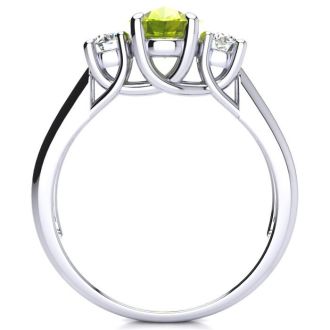 1 1/2 Carat Oval Shape Peridot and Two Diamond Ring In 14 Karat White Gold