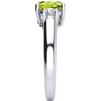 1 1/2 Carat Oval Shape Peridot and Two Diamond Ring In 14 Karat White Gold