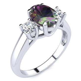 1 3/4 Carat Oval Shape Mystic Topaz and Two Diamond Ring In 14 Karat White Gold
