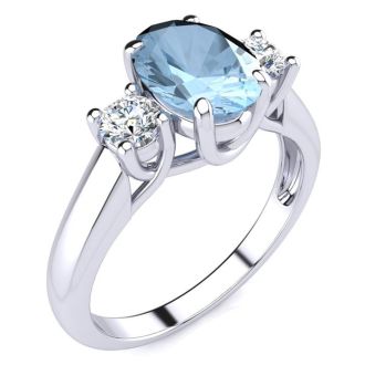 Aquamarine Ring: Aquamarine Jewelry: 1 1/3 Carat Oval Shape Aquamarine and Two Diamond Ring In 14 Karat White Gold