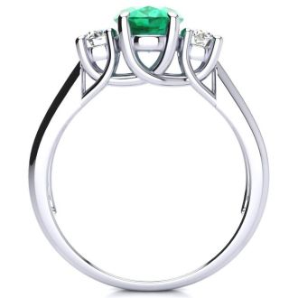 1 1/3 Carat Oval Shape Emerald and Two Diamond Ring In 14 Karat White Gold