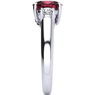 Garnet Ring: Garnet Jewelry: 1 3/4 Carat Oval Shape Garnet and Two Diamond Ring In 14 Karat White Gold