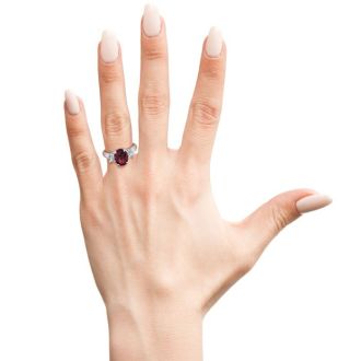 Garnet Ring: Garnet Jewelry: 1 3/4 Carat Oval Shape Garnet and Two Diamond Ring In 14 Karat White Gold