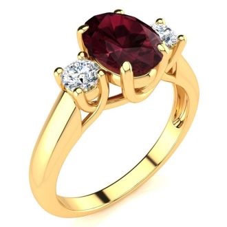 Garnet Ring: Garnet Jewelry: 1 3/4 Carat Oval Shape Garnet and Two Diamond Ring In 14 Karat Yellow Gold