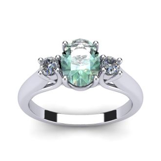 1 1/4 Carat Oval Shape Green Amethyst and Two Diamond Ring In 14 Karat White Gold